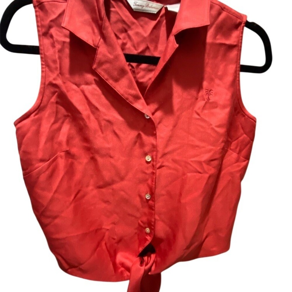 Tommy Bahama Blouse Womens M Red Sleeveless Button Front Tie Front Logo